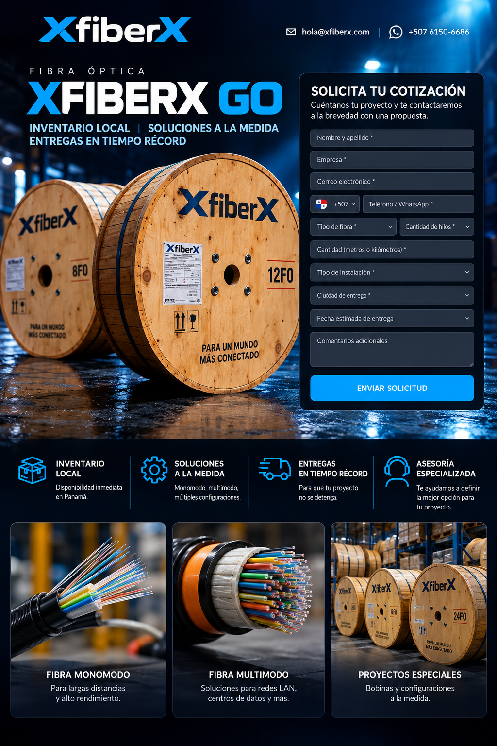 Bobinas de fibra óptica XfiberX en ambiente industrial